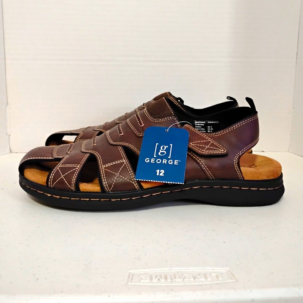 George Mens Comfort Sandals Brown Hook & Loop Adjustable Strap Size 12